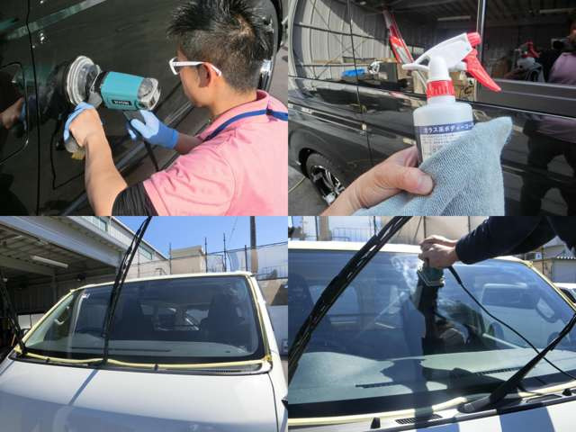 ワンケイでは入庫時にグラスコート【簡易Ver】を施しています! 納車時にもコート剤及びフロントガラスにも撥水コートを施しています! 納車されてガラスやボディが水垢やウロコだらけじゃ悲しいですよね・・・