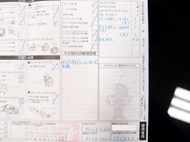 R5.10左フロントドライブシャフト、イナンーブーツ交換/R6.1フロント左右ドライブシャフト、エンジンマウントラバー、ミッションマウントラバー交換/R6.8右Fロアアーム、ロアアームブッシュ交換、